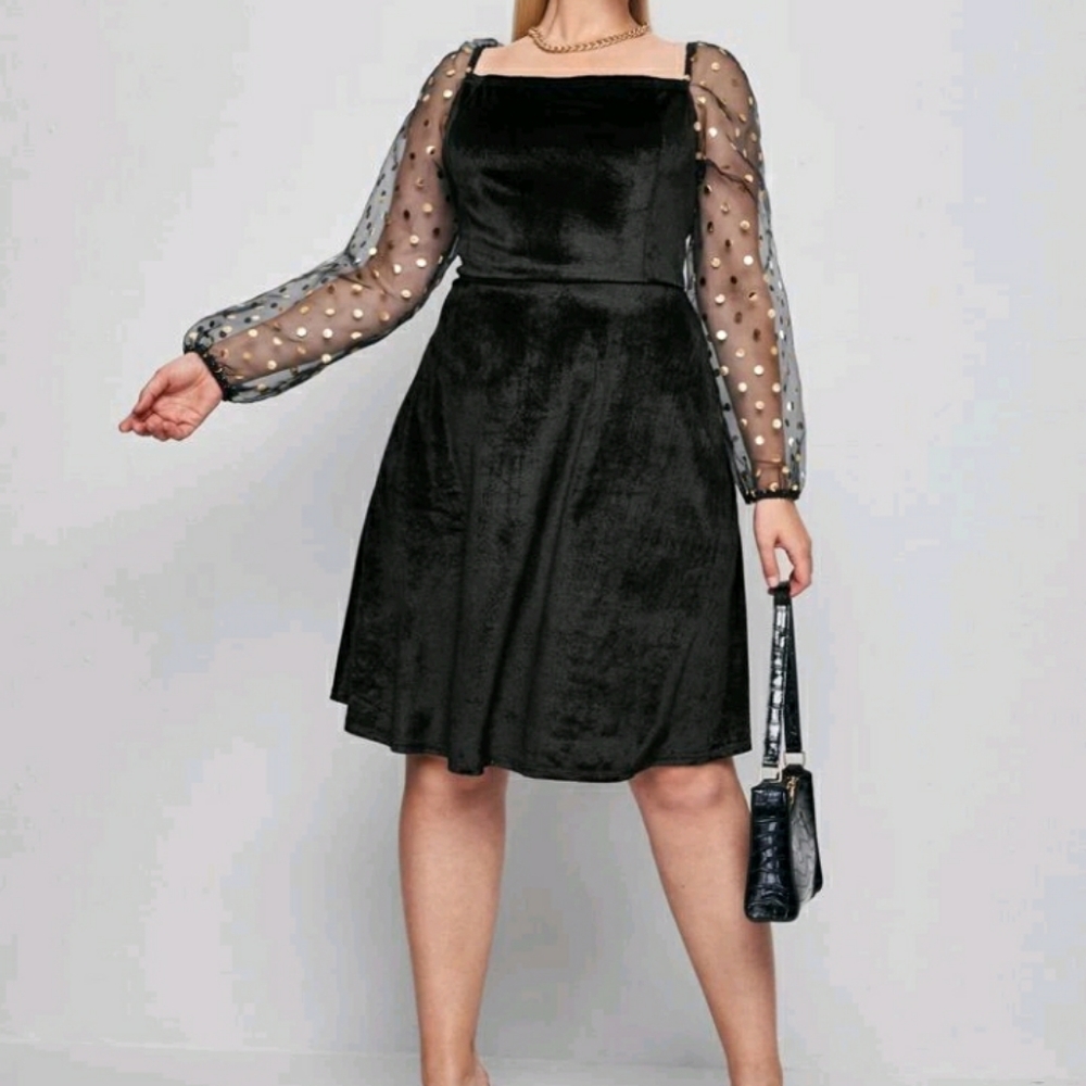 #12 Brand New Plus Black and Gold Mesh Velvet Dress